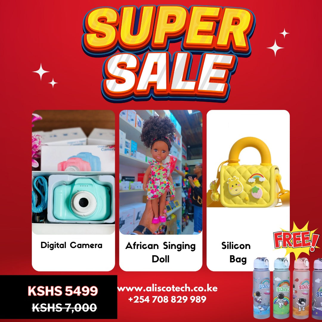 DIGITAL CAMERA,AFRICAN DOLL,WATER BOTTLE AND HANDBAG BUNDLES