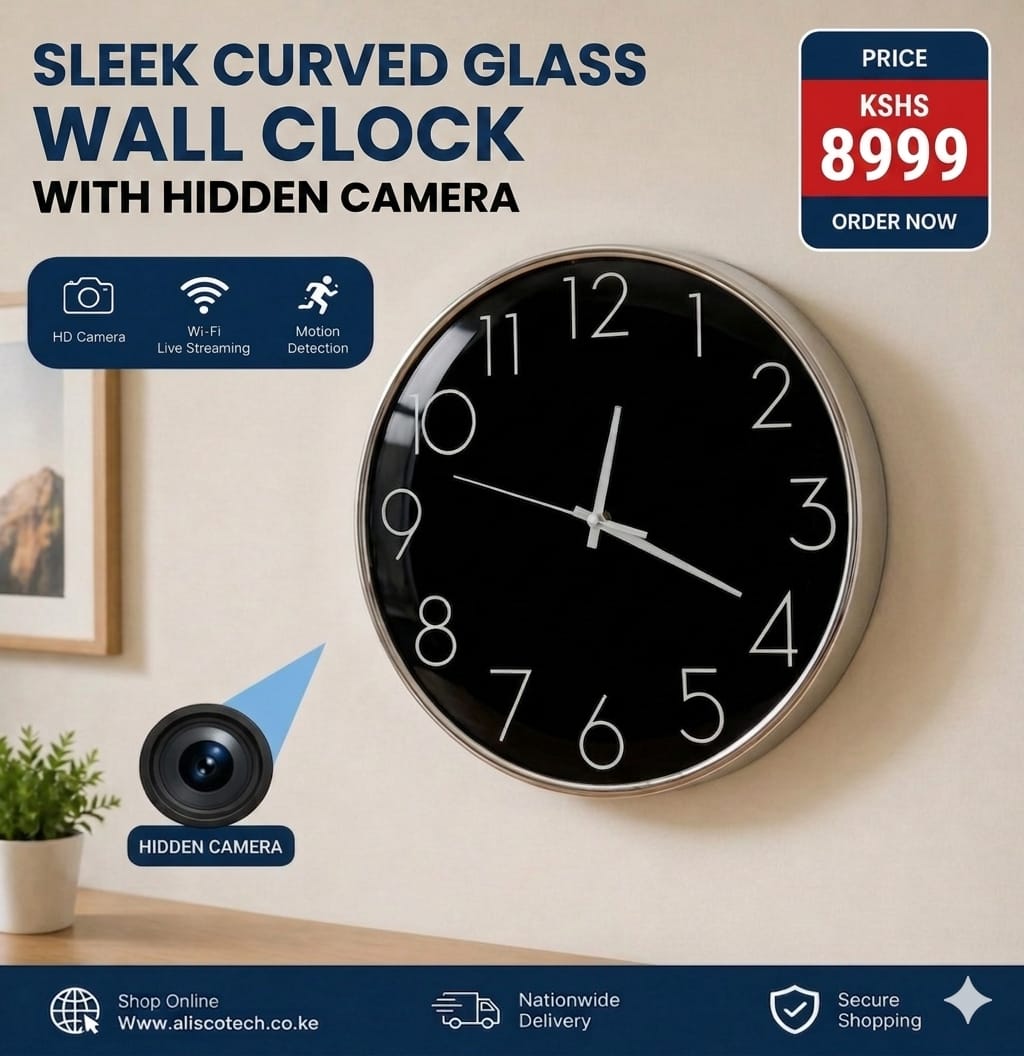 Sleek Curved Glass Wall Clock with a Hidden Camera