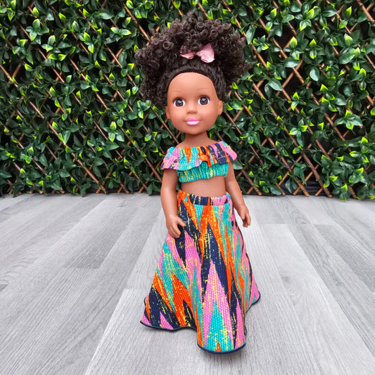Singing African Doll, Soft Silicone Body, Afro Hair with Floral Dress and Headband May May Kids Baby.