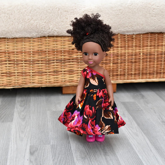 Singing African Doll, Soft Silicone Body, Afro Hair with Floral Dress and Headband May May Kids Baby.