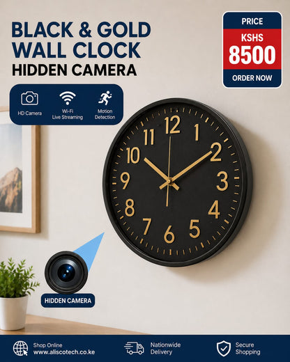Black and Gold Wall Clock Hidden Camera