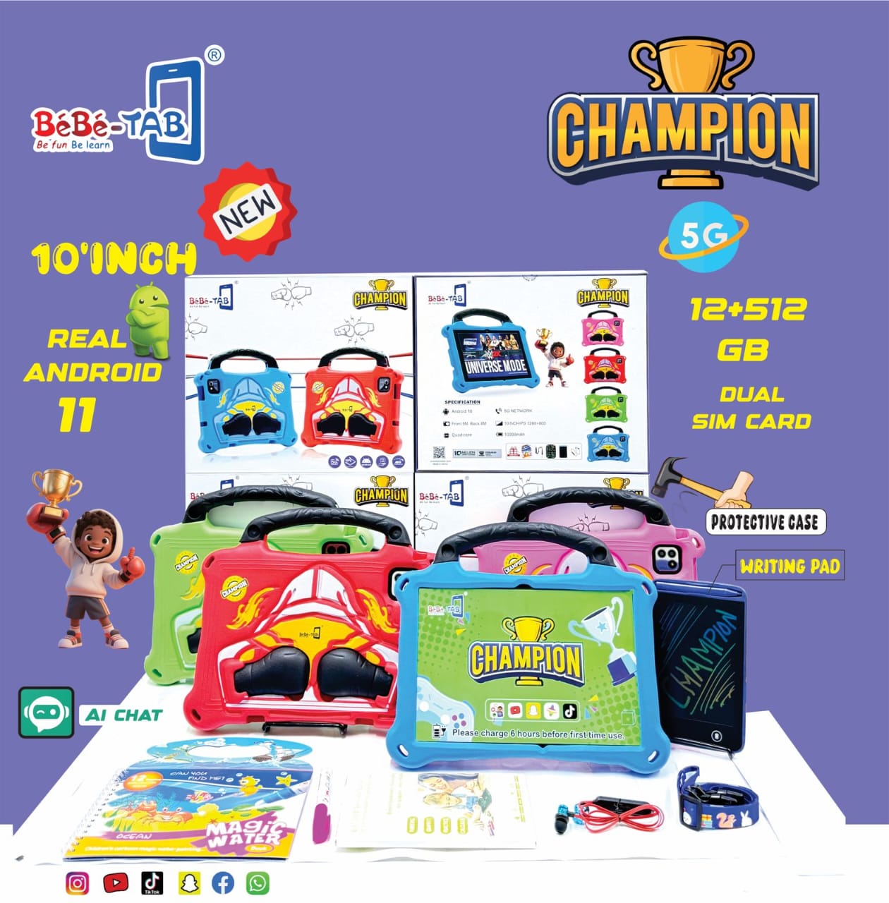 Bebe Champion Kids Tablet – 10-Inch Display | 12GB RAM + 512GB ROM