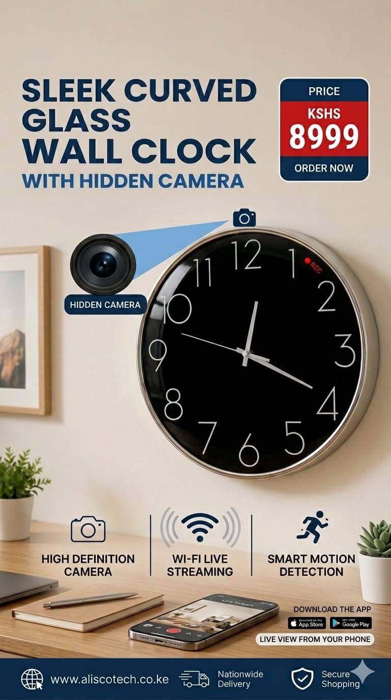 Sleek Curved Glass Wall Clock with a Hidden Camera