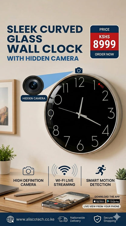 Sleek Curved Glass Wall Clock with a Hidden Camera